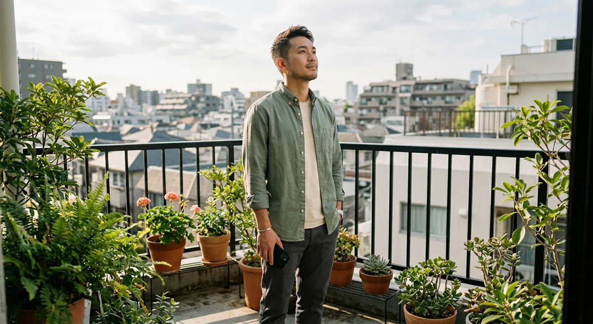 A young man on a bright apartment balcony, holding his iPhone at his side, thoughtfully considering blocking Safari on iPhone.