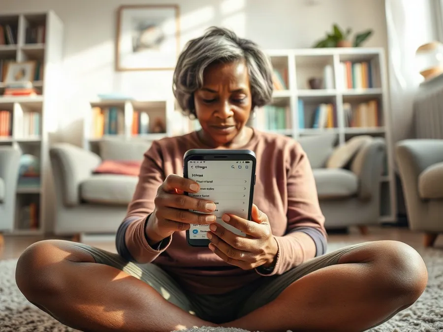A woman sitting on her living room floor, using her iPhone to adjust settings to block Safari, with bookshelves in the background.