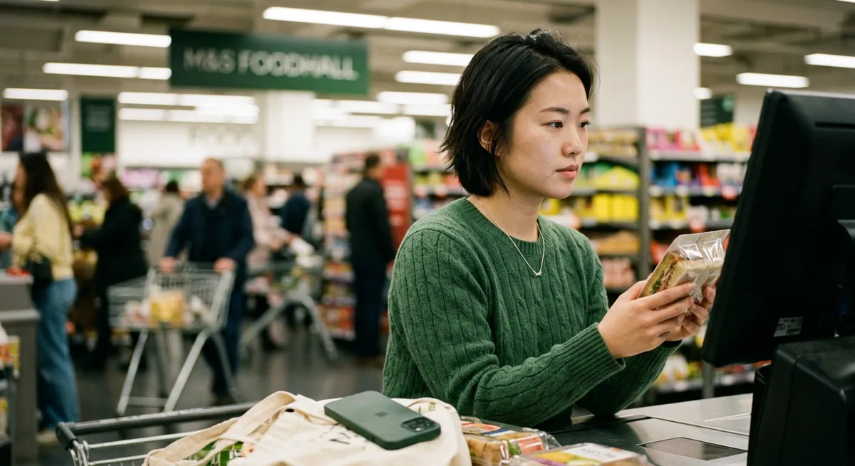 A woman at a grocery store self-checkout, her iPhone set aside as she focuses on scanning items — illustrating practical ways to block Snapchat on iPhone.