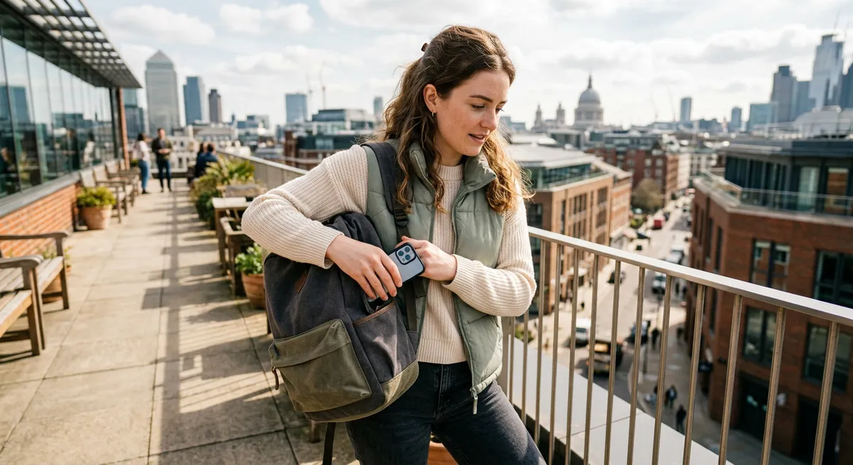 A young woman on a rooftop putting her iPhone away, representing the act of blocking social media on iPhone in an everyday urban setting.