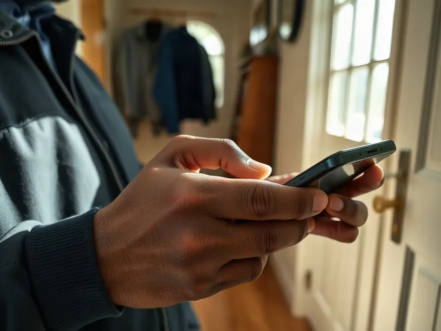 Hands of a man managing iPhone Screen Time settings in a busy home hallway, illustrating practical steps to block social media.