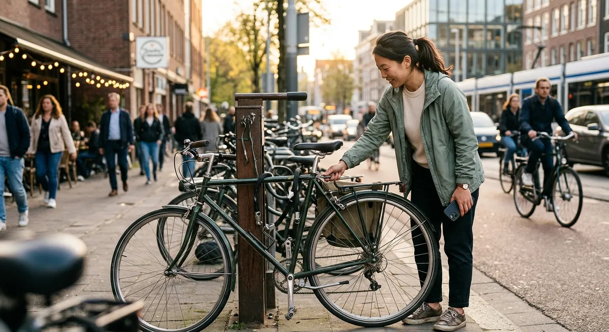A woman at an urban bike repair station, pausing from fixing her bike while holding her iPhone, illustrating real-world efforts to block TikTok on iPhone.