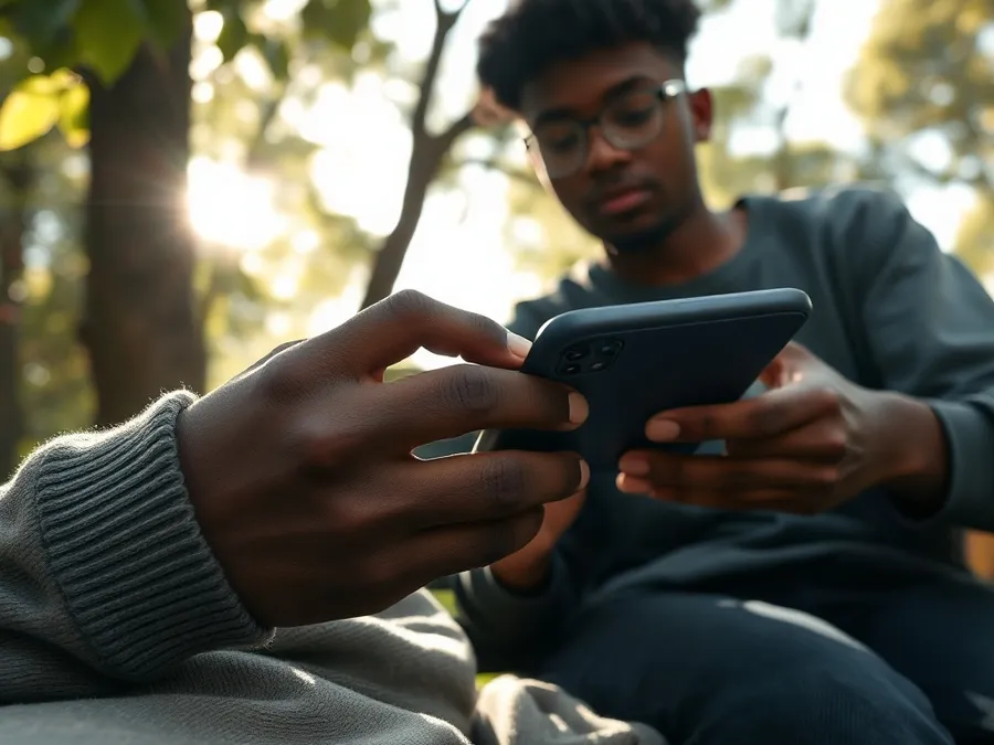 Over-the-shoulder view of a teenager adjusting iPhone Screen Time settings to block TikTok, with a friend observing, set in a city park.