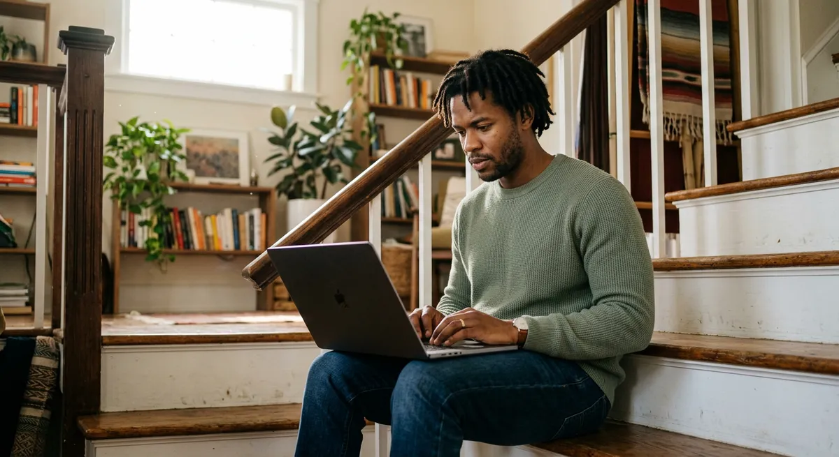 A young Black man sits on an indoor staircase with his MacBook, focused on blocking websites on his Mac in a sunlit home office.