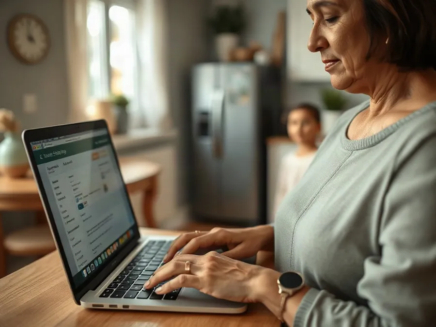 Over-the-shoulder view of a South Asian woman using her MacBook at a kitchen counter, hands poised to set up website blocking.