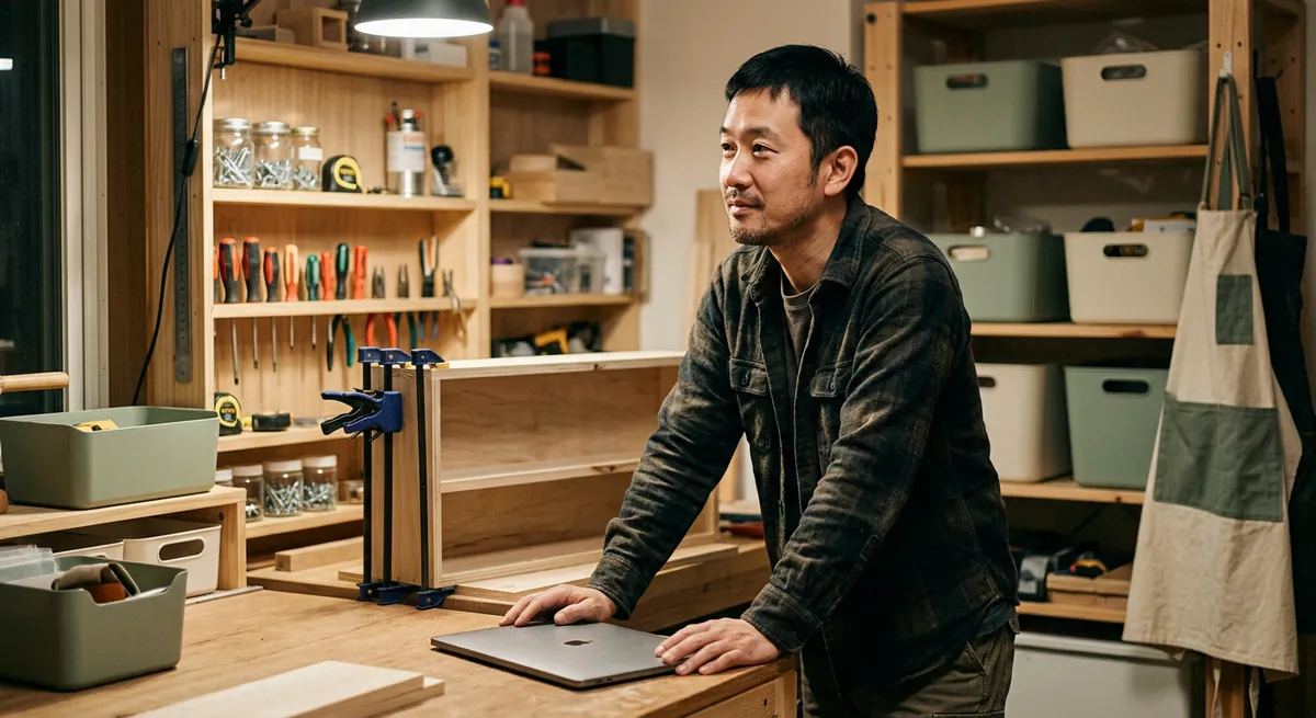 A man standing at a home workshop bench, hands on a closed laptop, reflecting a moment of focus after blocking YouTube on his computer.
