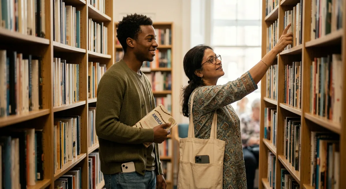 Two people in a library putting away their iPhones while browsing physical books, illustrating blocking YouTube on iPhone in daily life.