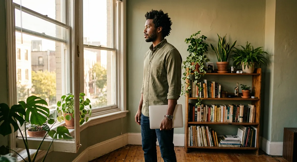 A young man stands in a sunlit apartment holding his MacBook, focused on avoiding YouTube on his Mac.
