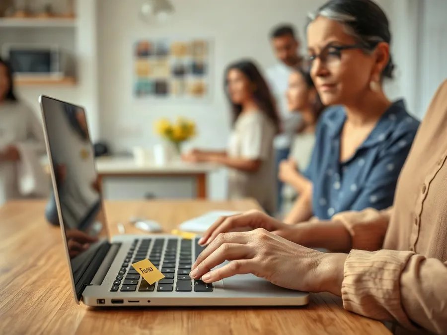 Close-up of a woman's hands typing on a MacBook with 'Focus' and 'No YouTube' notes, highlighting efforts to block YouTube on Mac in a busy home setting.