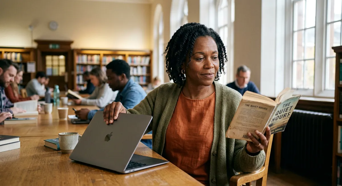 A woman in a library closes her MacBook and picks up a novel, illustrating blocking YouTube on Safari for focus.