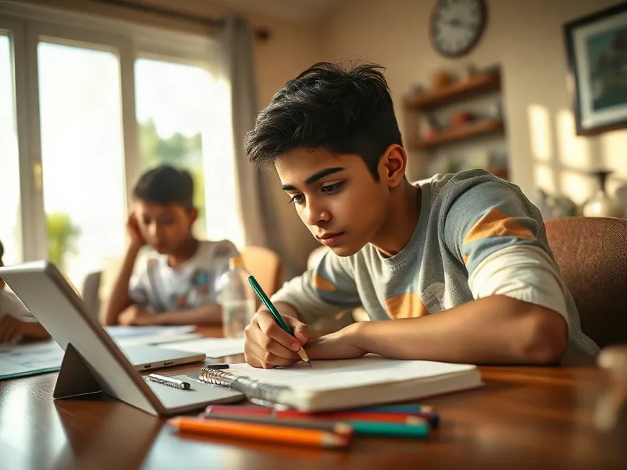 A teenage boy at a dining table sets aside his iPad and iPhone to focus on sketching in a notebook, showing the benefits of blocking YouTube on Safari.