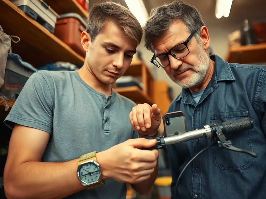 A teenage boy and his father repair a bicycle in a garage, their attention on the work, with a phone set aside — illustrating real-world screen time boundaries.