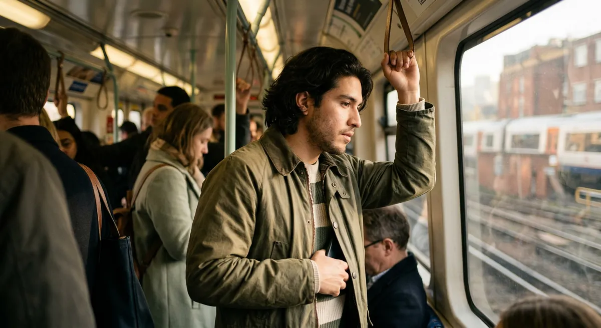 A young Latino man on a busy commuter train, pausing with his hand over his phone, illustrating the challenge of choosing a screen time app.