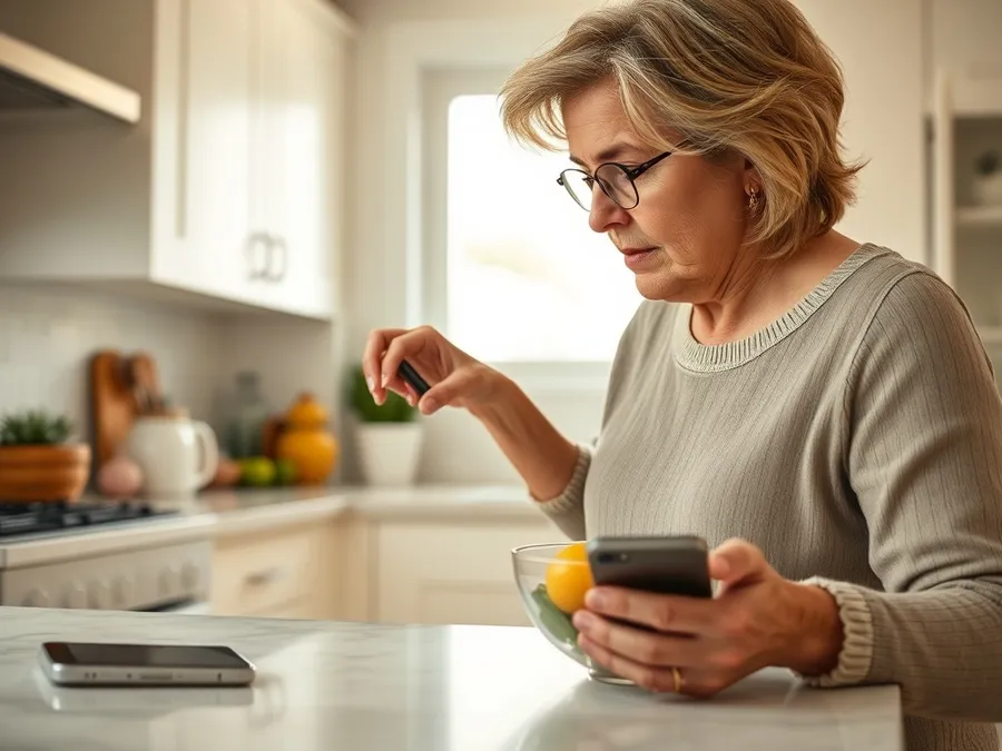 A woman in her kitchen choosing fruit instead of reaching for her phone, highlighting mindful choices in screen time management.