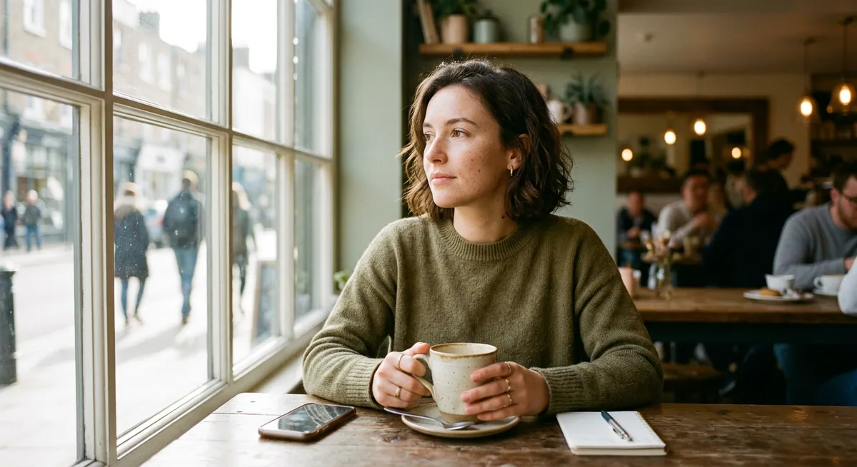 A person taking a social media break, sitting in a café with their phone put aside, calmly enjoying a peaceful moment alone.