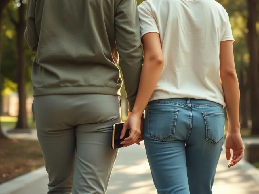 Two friends walking together outdoors, talking and not looking at their phones, illustrating life during a social media break.