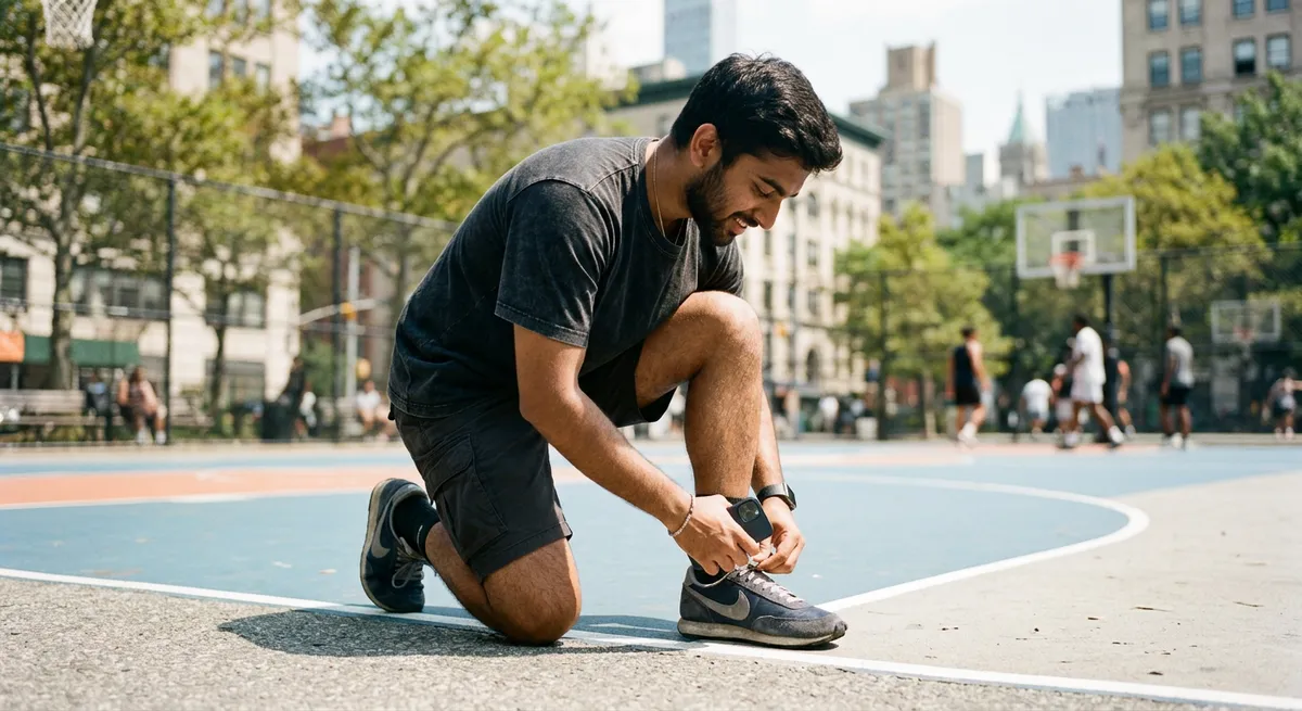 A young man kneeling on an outdoor basketball court at midday, momentarily setting aside his iPhone as he ties his sneakers, illustrating the idea of dumb down your iPhone for less screen time.