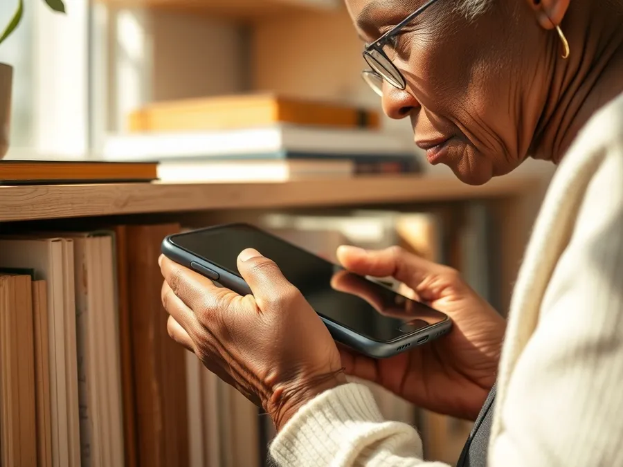 Close-up of a woman’s hands arranging books on a shelf with her iPhone set aside, showing a mindful approach to reducing screen time.