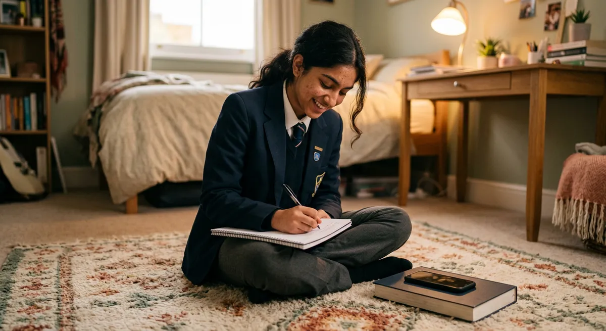 South Asian teenage girl focused on her homework, iPhone face down on a textbook nearby, sitting on her bedroom floor in the evening.