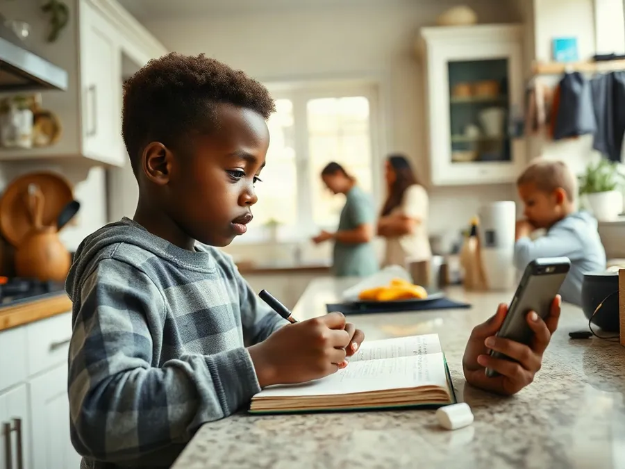 Young boy doing homework at a kitchen counter with his phone set out of reach and a timer in use, family moving in the background.