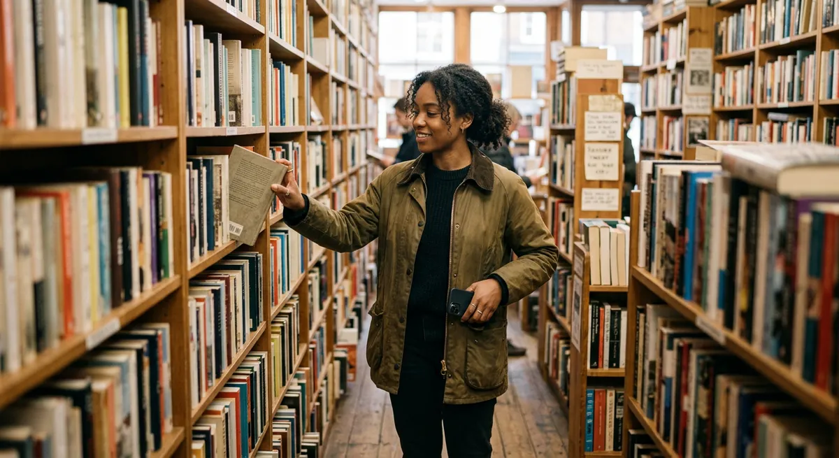 A young woman in a bookshop aisle, focused on selecting a book, her phone tucked away—capturing the effort to focus on reading again after years of scrolling.