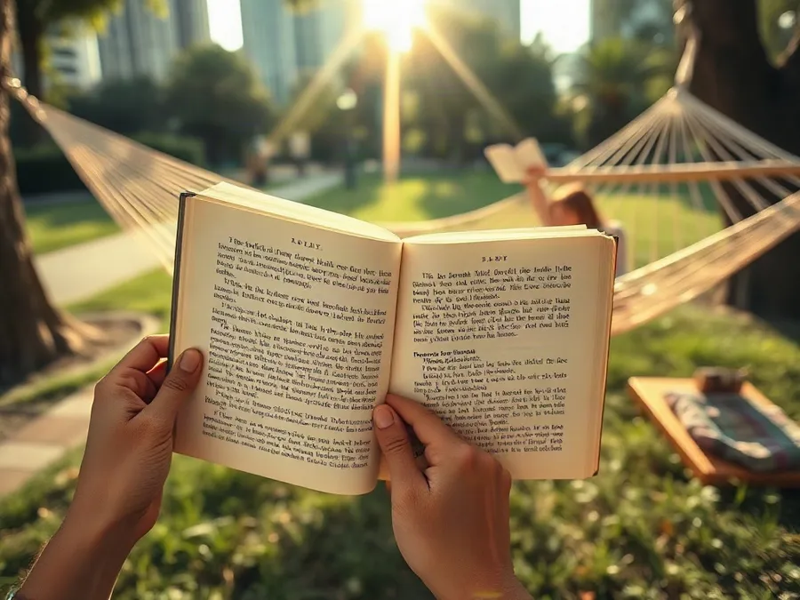 Hands holding an open book in sunlight, with a friend reading in a hammock nearby—showing people rebuilding focus on reading together outside.