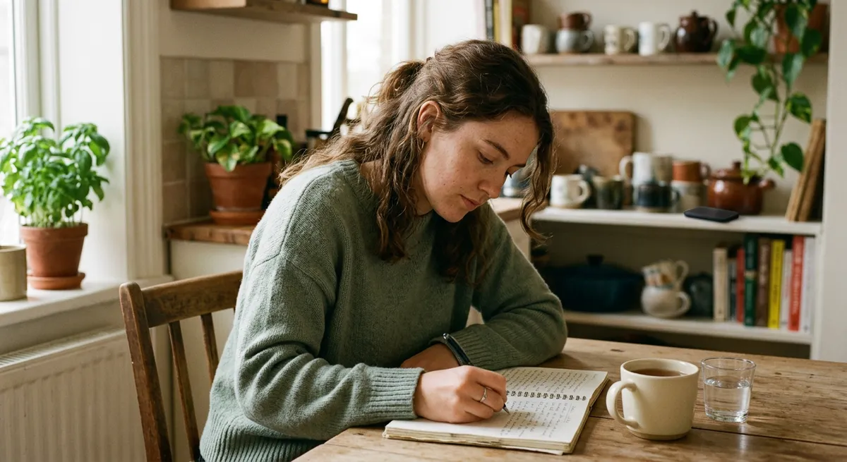 A focused young adult writing in a notebook at a kitchen table, with their phone set aside in the background to support phone-free concentration.
