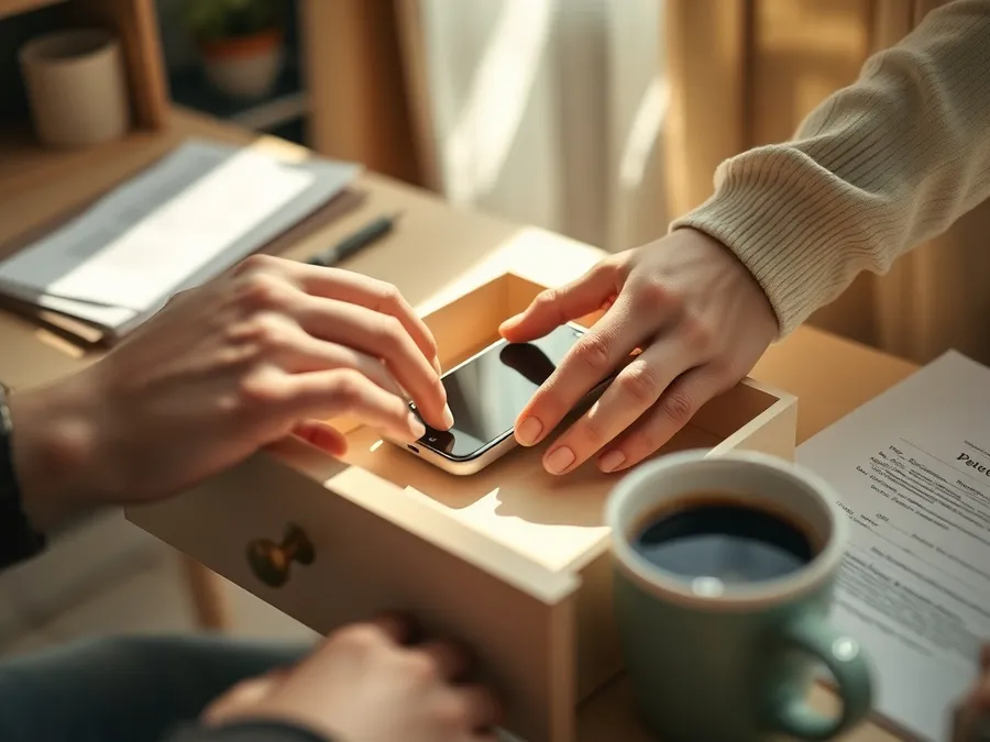 Close-up of hands putting a smartphone into a drawer, representing a practical step to reduce phone distractions and improve focus.