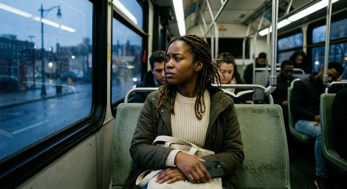 A young Black woman on a morning city bus, iPhone in lap, pausing Instagram use with a thoughtful expression.