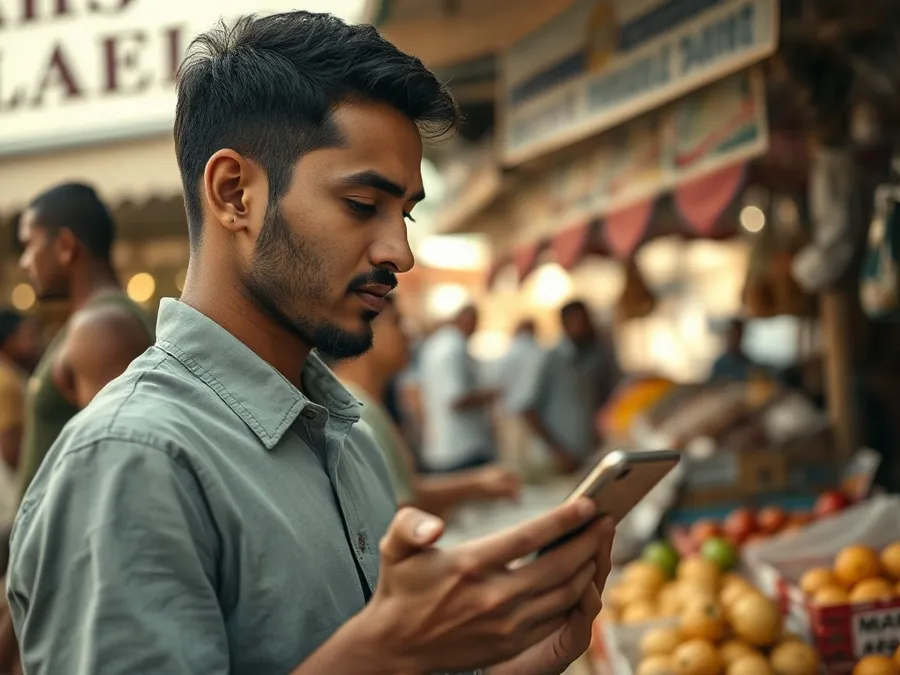 A young South Asian man at a crowded market, holding his phone but focused on choosing fresh fruit instead of scrolling.