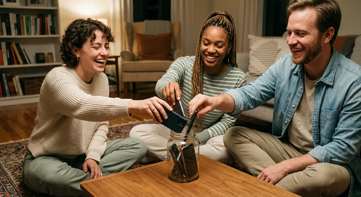 Three friends relax together in a cozy living room, placing their phones into a glass jar on the floor as they share a laugh, illustrating the phone jar technique.