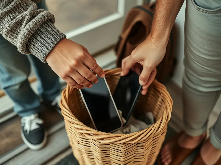 A close-up view of two people dropping their phones into a basket by the door, capturing the phone jar habit as part of returning home.