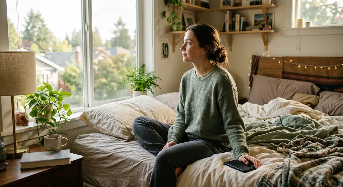 A person sitting on their bed with their iPhone face-down, looking out the window peacefully, embodying the idea of making an iPhone less addictive.