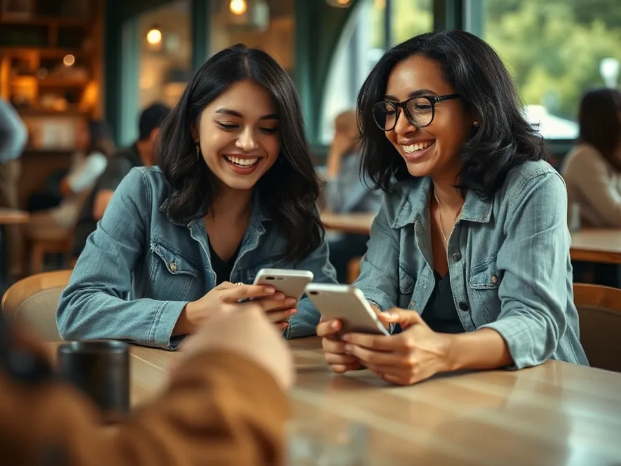 Two friends share a moment at a café with their phones put away, illustrating a less addictive iPhone environment.