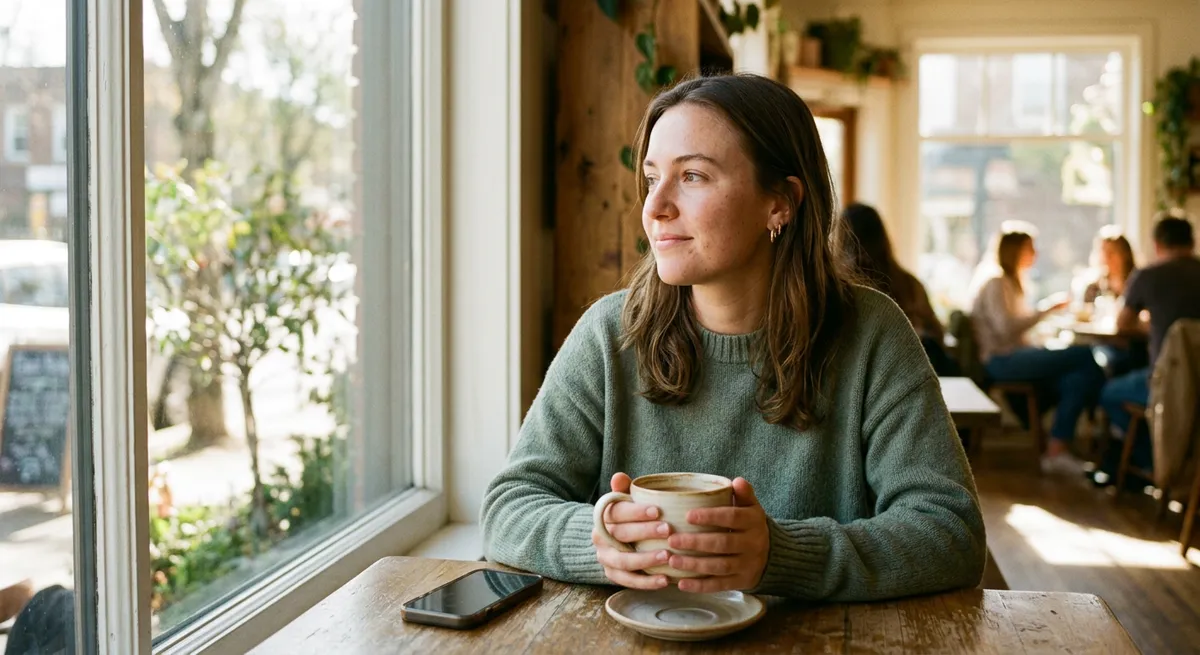 A person enjoying a peaceful moment in a café with their phone set aside, reflecting the act of quitting Instagram scrolling.