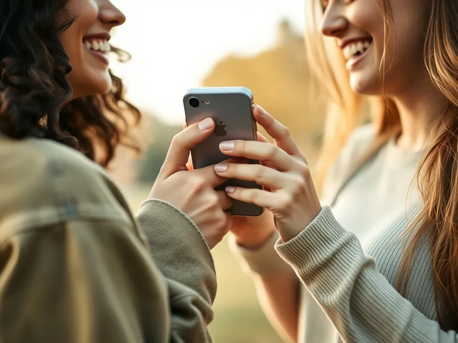 Two friends sharing a lighthearted moment outdoors as they put their phones away to spend time together without scrolling.