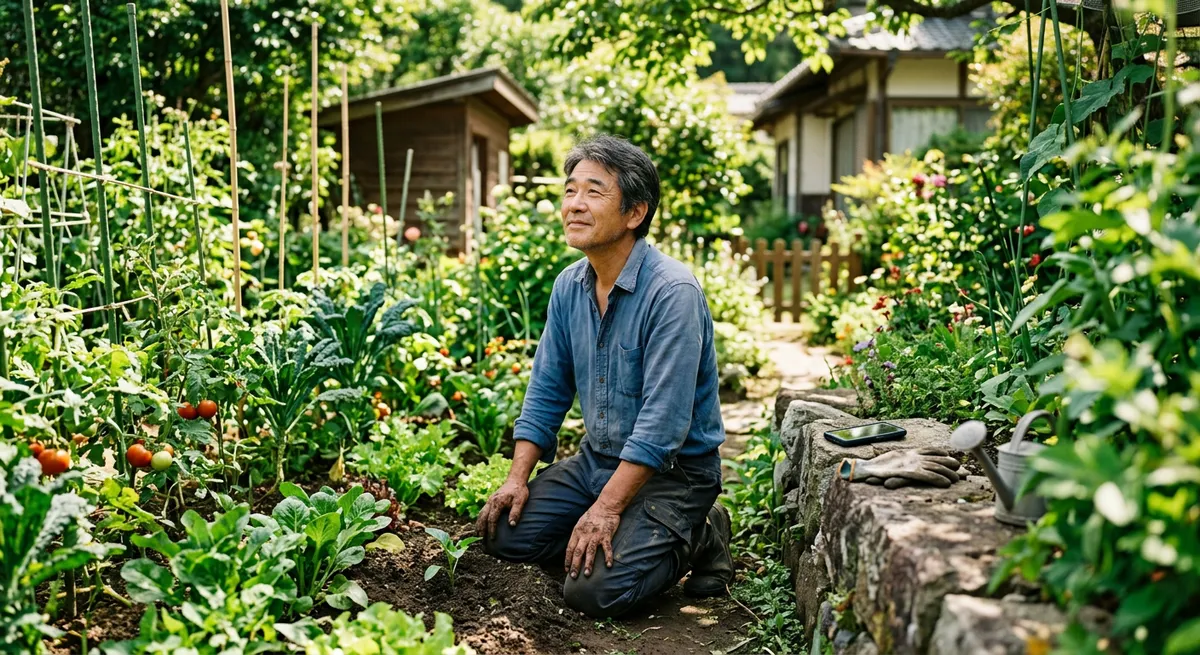A middle-aged East Asian man gardening with his Android phone set aside, illustrating a healthy break from screen time.