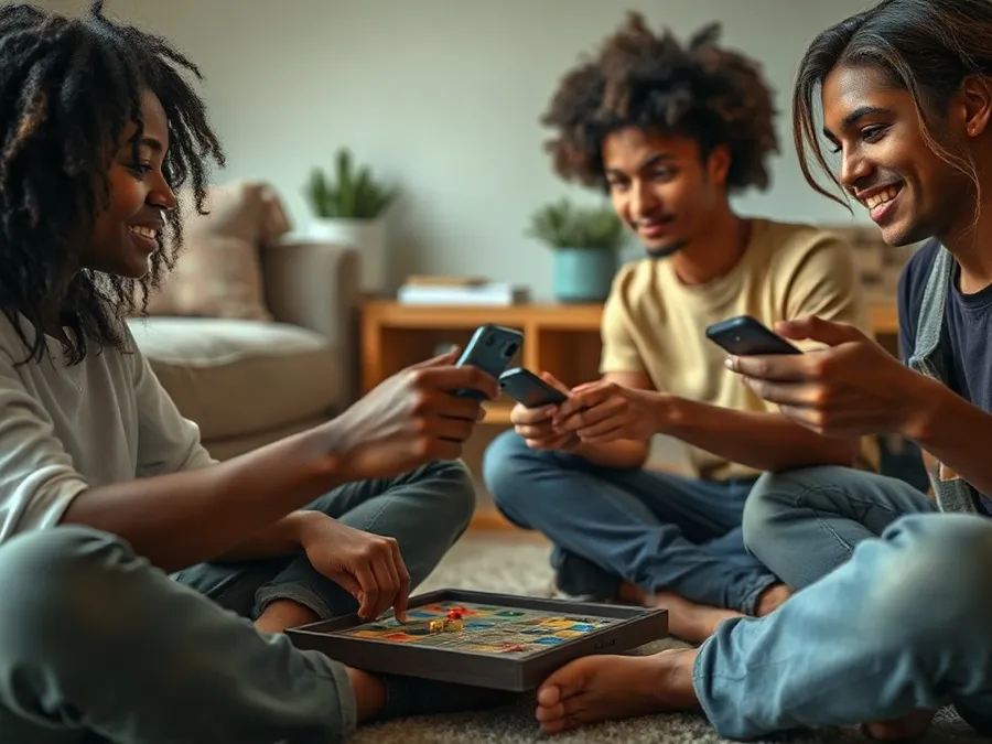 Two teens play a board game together, their phones set aside nearby, showing an offline alternative to Android screen time.