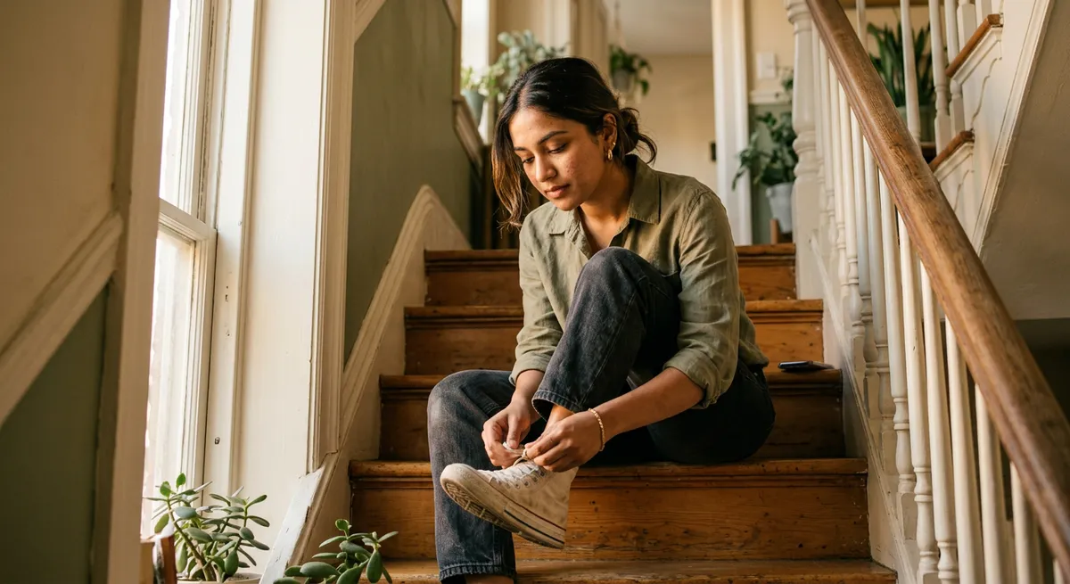 A young woman sits on a staircase tying her shoes, her phone left behind on a step, representing a real moment of reversing brain rot and reclaiming attention.