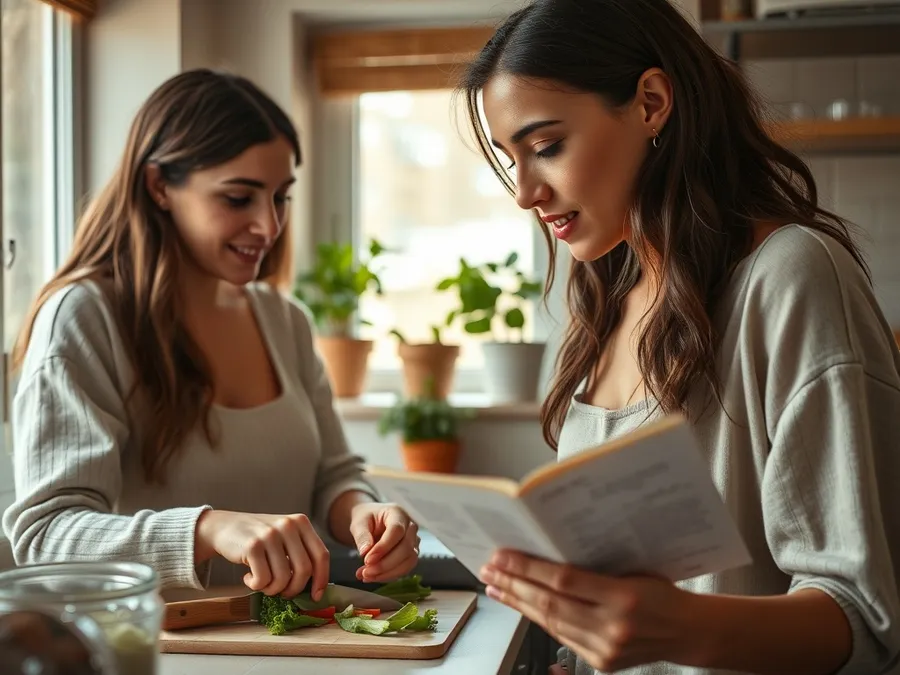 Two friends prepare a meal together in a kitchen, focusing on each other and their task instead of their phones, illustrating a practical step in rebuilding attention.