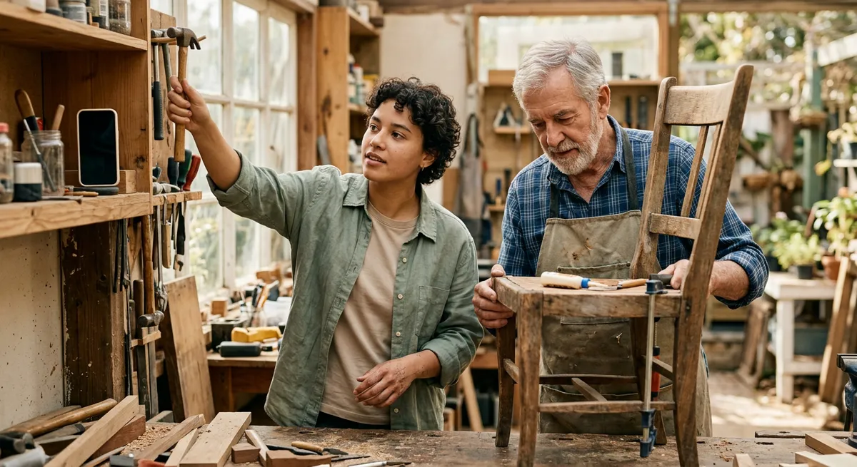 A young adult and an older man repair a chair in a backyard workshop, with the iPhone placed aside—illustrating accountable phone goals in action.