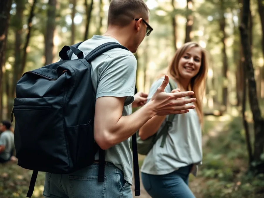 Two friends walk on a forest path, one putting their phone away, both chatting—showing social accountability for phone goals.