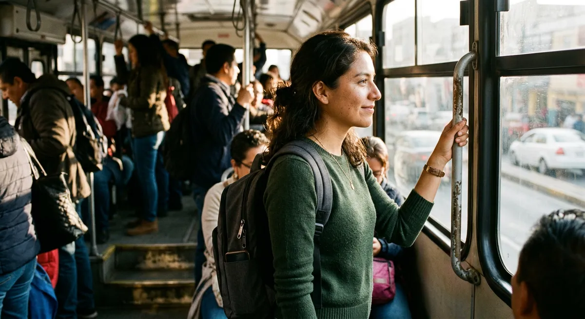 A young Latina woman stands on a morning city bus, her phone put away, looking calm and focused as she starts her day without checking her device.