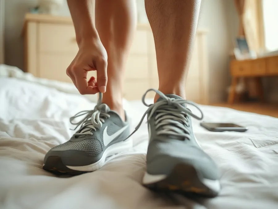 Close-up of someone tying their running shoes in the morning, with their phone left untouched across the room.