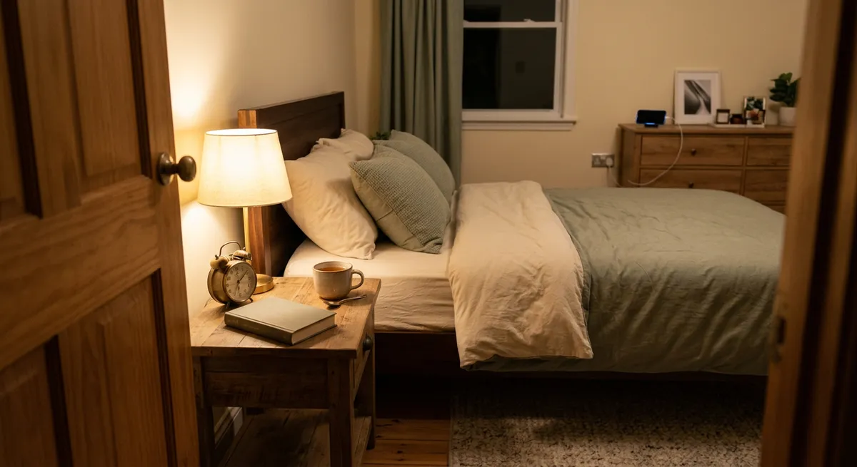 A serene nighttime bedroom with a book, tea, and alarm clock on a bedside table and a phone charging across the room, illustrating how to stop doomscrolling at night.
