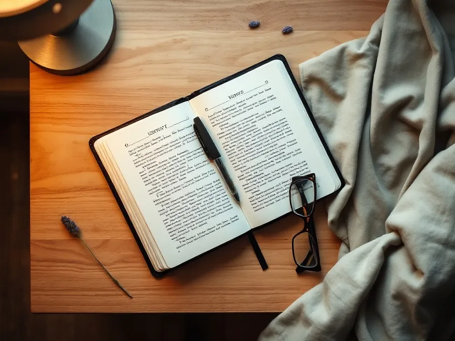 Overhead view of a nightstand with a journal, pen, glasses, and lavender, representing healthy alternatives to doomscrolling at night.