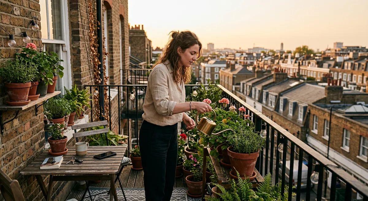 A young woman places her phone on a balcony table and turns to water plants, illustrating a moment of choosing real-life activity over scrolling Reels or TikTok.