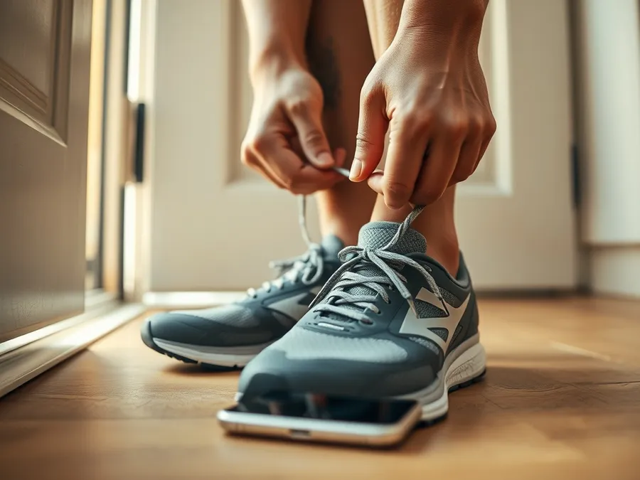 A close-up of hands tying running shoes by the door, with a phone set aside in the background—showing a practical step to avoid endless scrolling.