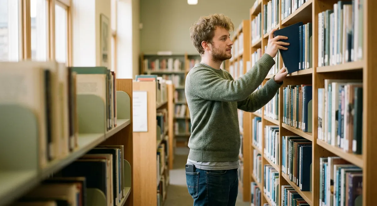 A young man in a library shelving a book, his phone tucked away, illustrating private screen time tracking in a mindful setting.