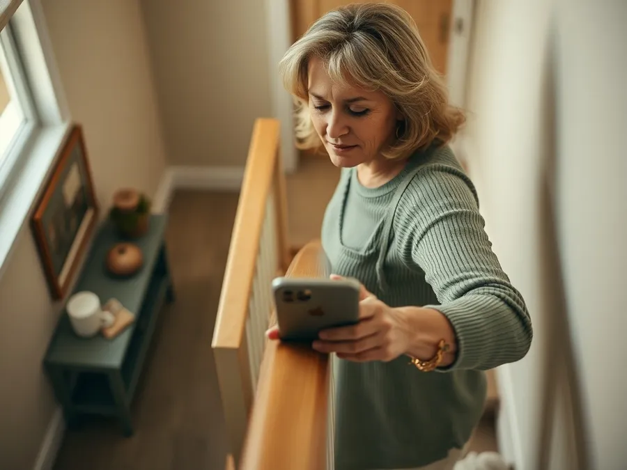 A woman leaving her phone on a hallway table as she walks downstairs, demonstrating a daily habit for tracking screen time privately.